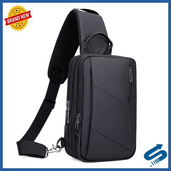 Large Nylon Sling Bag with USB Charging Port Expandable Travel Hiking Daypack